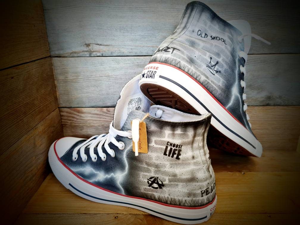 Custom Painted Chuck Taylor All Star Classic High Top - Black Brick Wall Graffiti Trainers