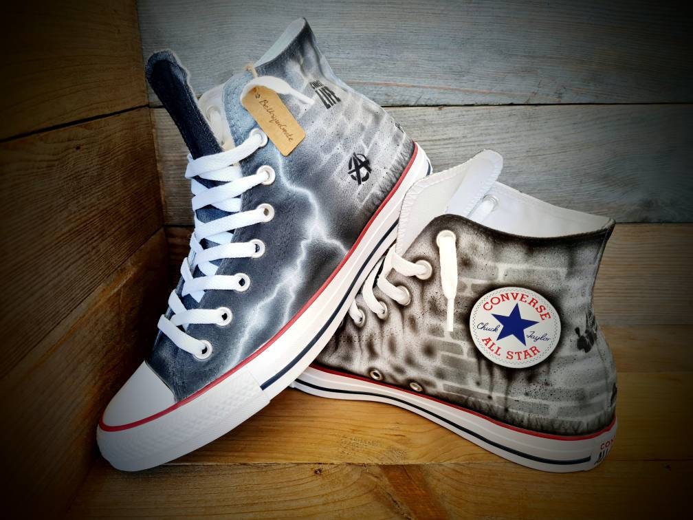 Custom Painted Chuck Taylor All Star Classic High Top - Black Brick Wall Graffiti Trainers