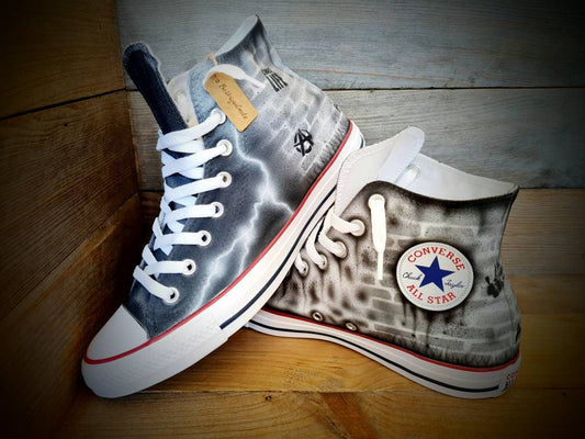 Custom Painted Chuck Taylor All Star Classic High Top - Black Brick Wall Graffiti Trainers