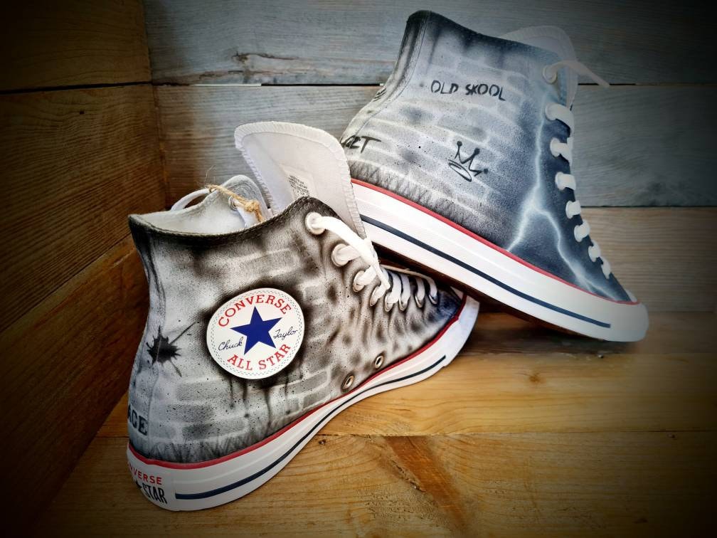 Custom Painted Chuck Taylor All Star Classic High Top - Black Brick Wall Graffiti Trainers