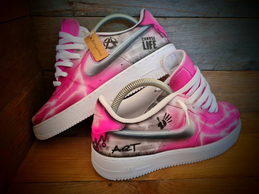 Custom Painted Air Force 1 - Neon Pink Brick Wall Graffiti Drip Trainers