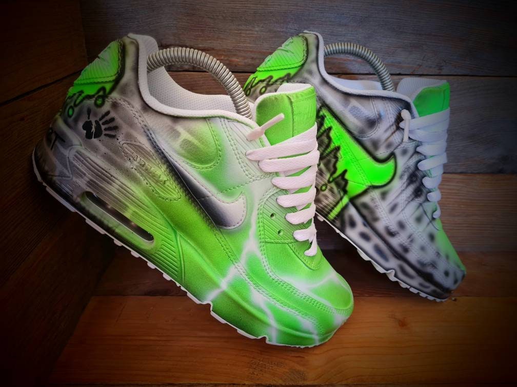 Custom Painted Air Max 90 - Neon Green White Brick Wall Graffiti Drip Trainers