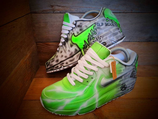 Custom Painted Air Max 90 - Neon Green White Brick Wall Graffiti Drip Trainers