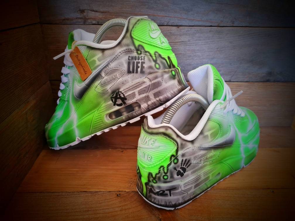 Custom Painted Air Max 90 - Neon Green White Brick Wall Graffiti Drip Trainers