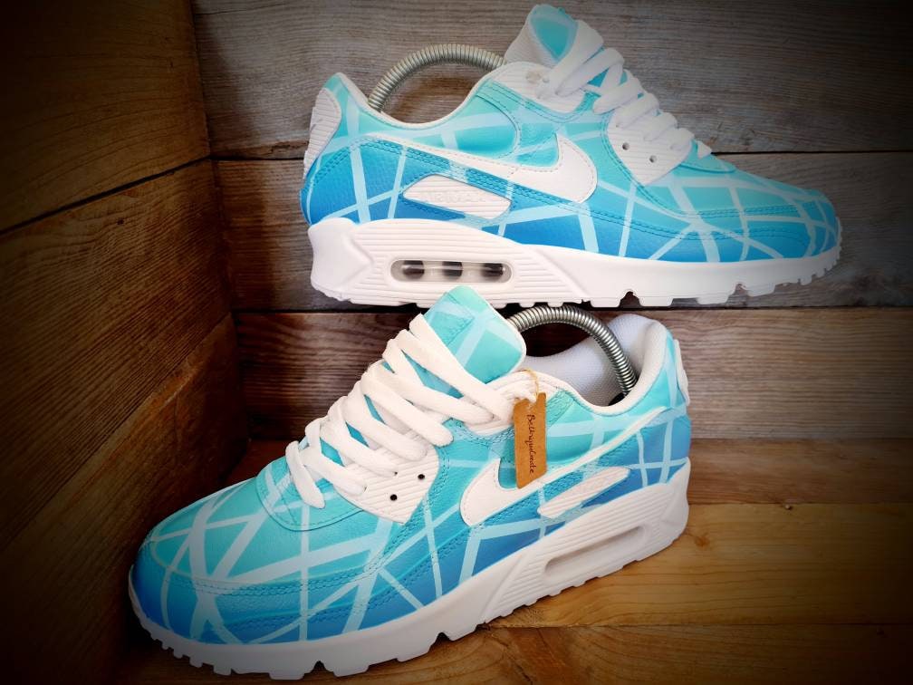 Custom Painted Air Max 90 - Aqua Geometric Trainers