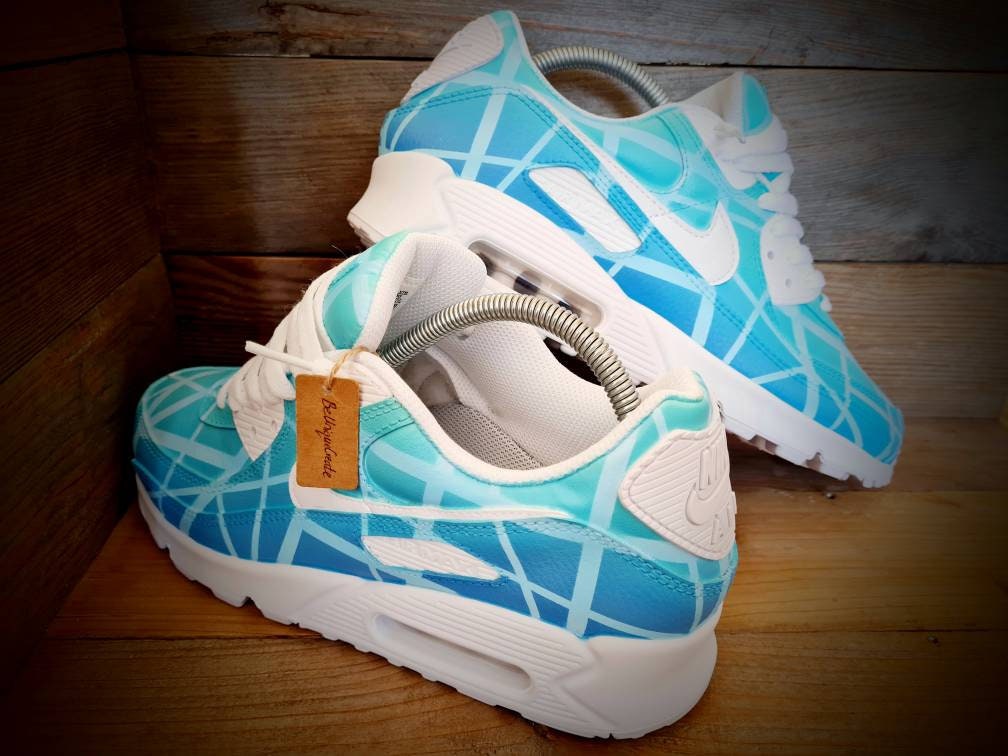 Custom Painted Air Max 90 - Aqua Geometric Trainers
