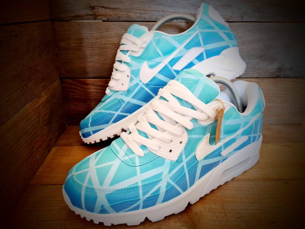 Custom Painted Air Max 90 - Aqua Geometric Trainers