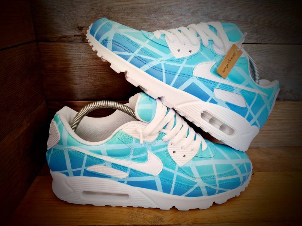 Custom Painted Air Max 90 - Aqua Geometric Trainers
