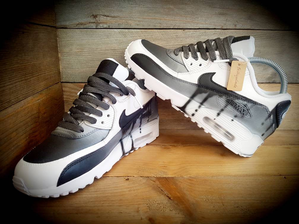 Custom Painted Air Max 90 - Black White Drip Fade Trainers