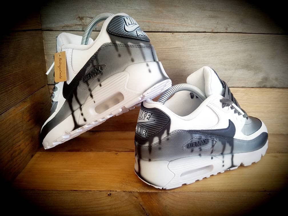 Custom Painted Air Max 90 - Black White Drip Fade Trainers