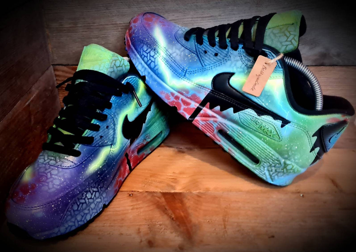 Custom Painted Air Max 90 - Blue Green Graffiti Drip Trainers