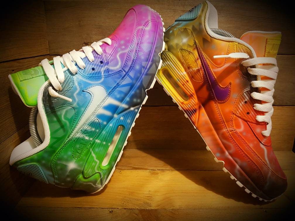 Custom Painted Air Max 90 - Green Blue White Graffiti Trainers