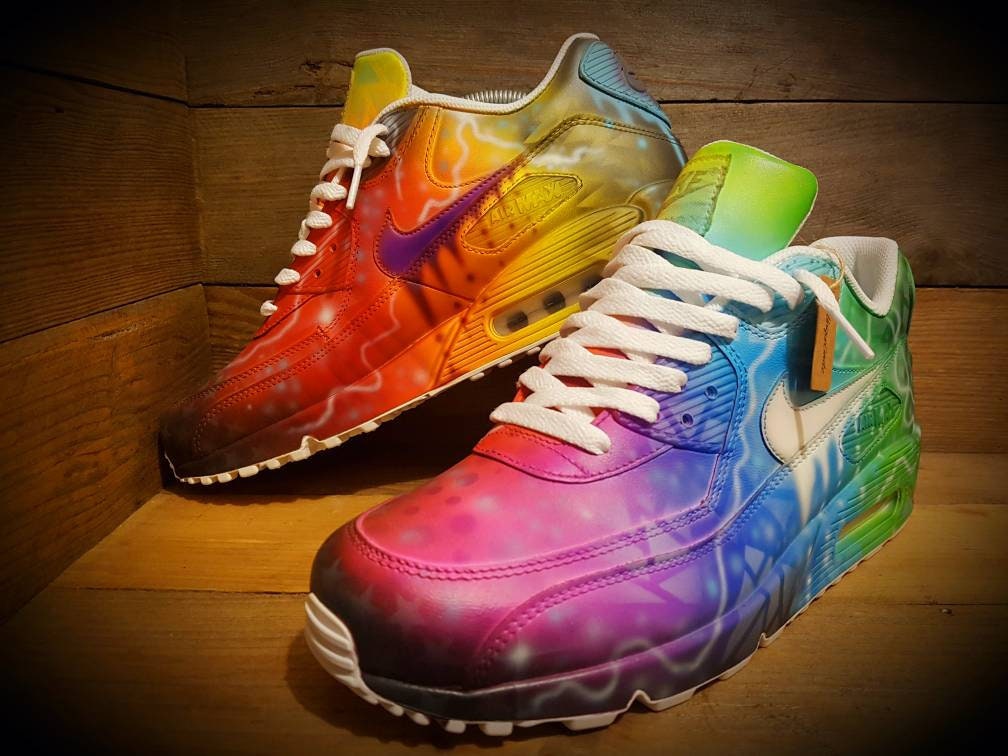 Custom Painted Air Max 90 - Green Blue White Graffiti Trainers