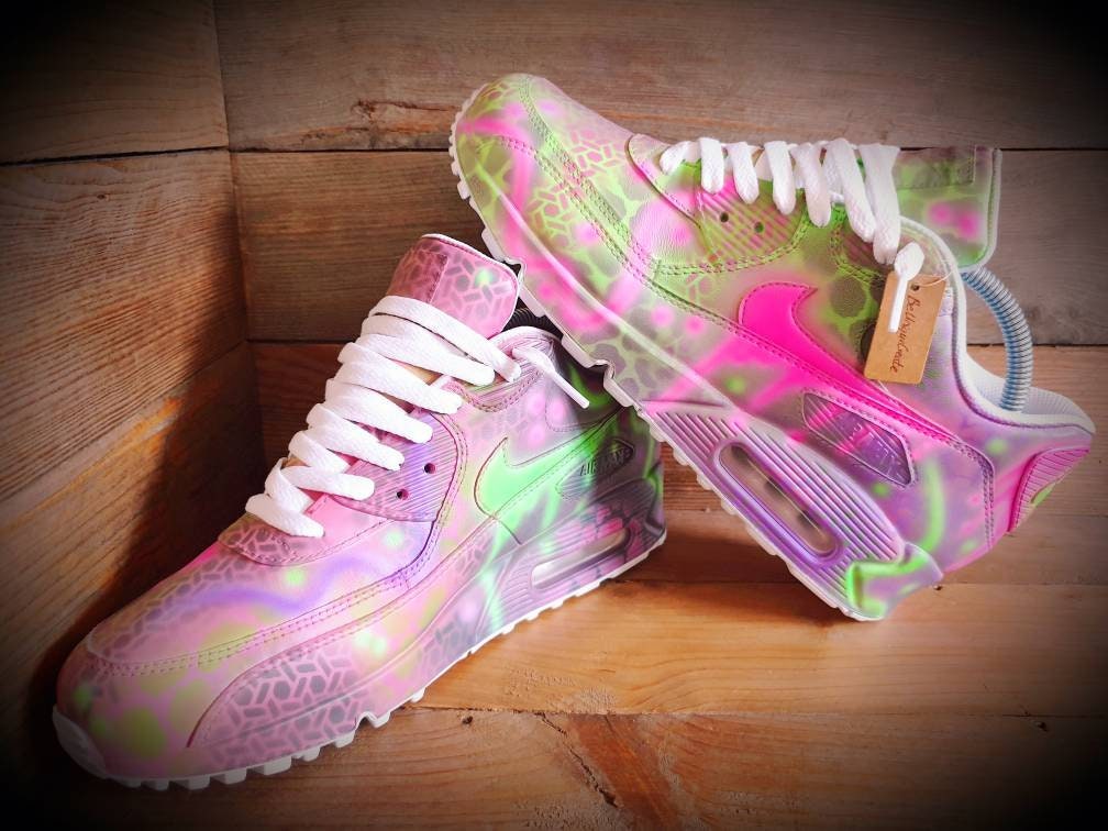 Custom Painted Air Max 90 - Neon Purple Green Graffiti Drip Trainers