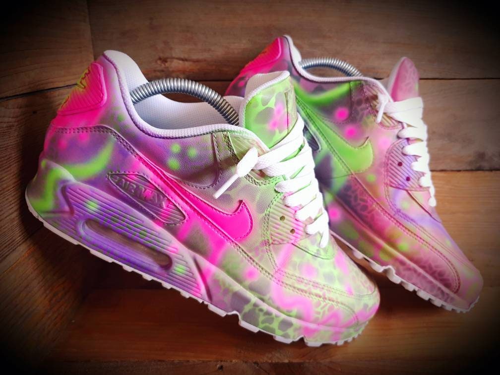 Custom Painted Air Max 90 - Neon Purple Green Graffiti Drip Trainers