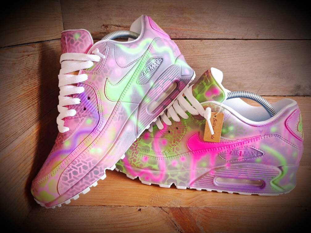 Custom Painted Air Max 90 - Neon Purple Green Graffiti Drip Trainers