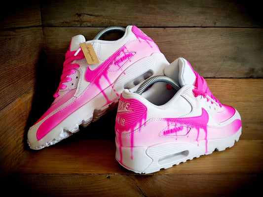 Custom Painted Air Max 90 - Neon Pink White Drip Fade Trainers