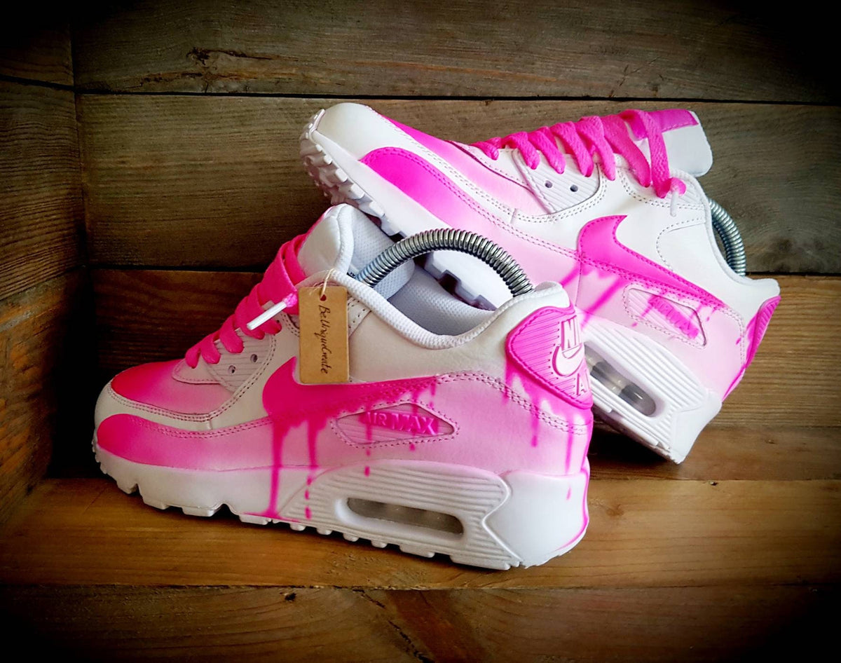 Custom Painted Air Max 90 - Neon Pink White Drip Fade Trainers