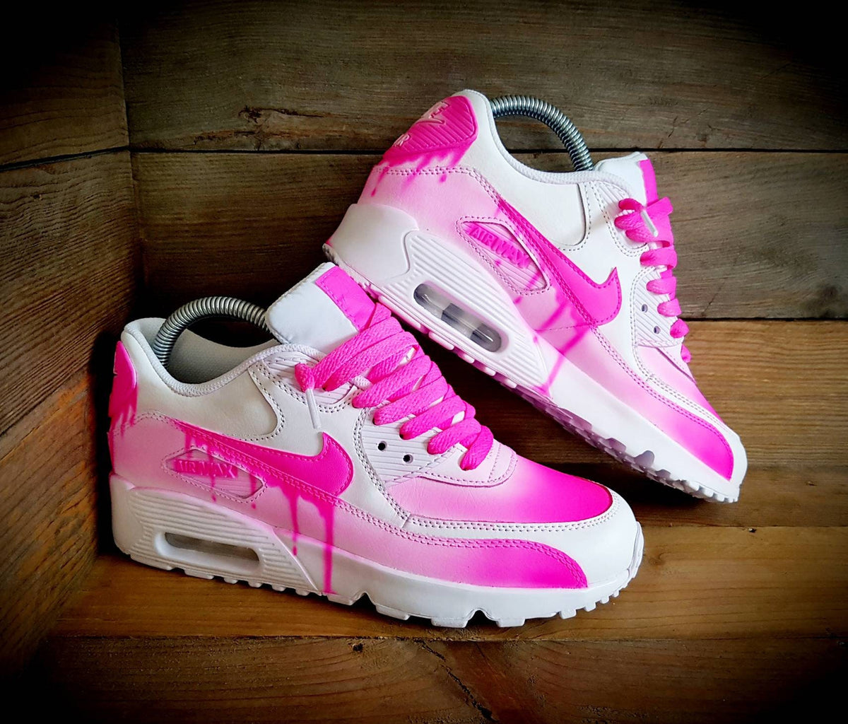 Custom Painted Air Max 90 - Neon Pink White Drip Fade Trainers