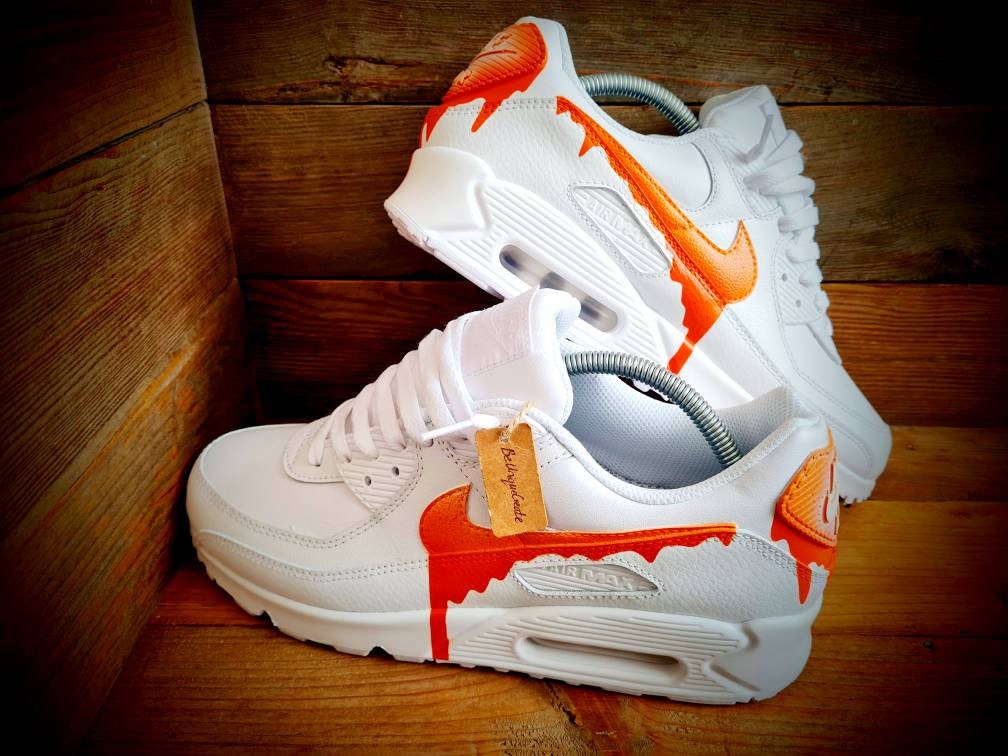 Custom Painted Air Max 90 - Speckled Drip Orange White Trainers