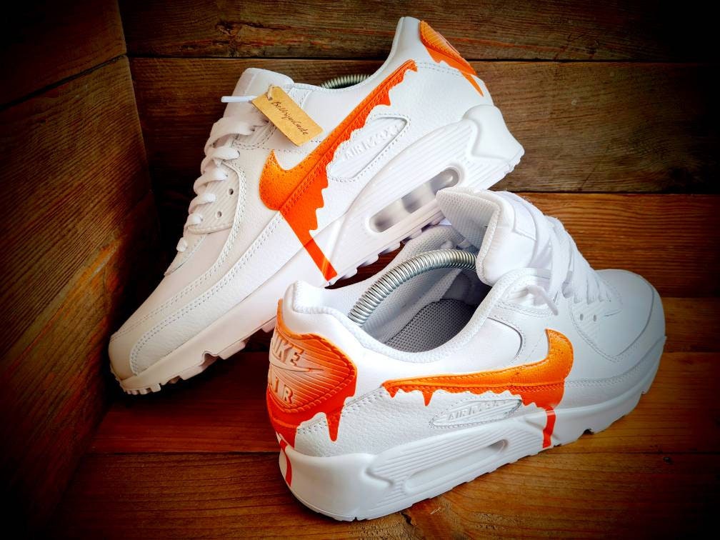 Custom Painted Air Max 90 - Speckled Drip Orange White Trainers