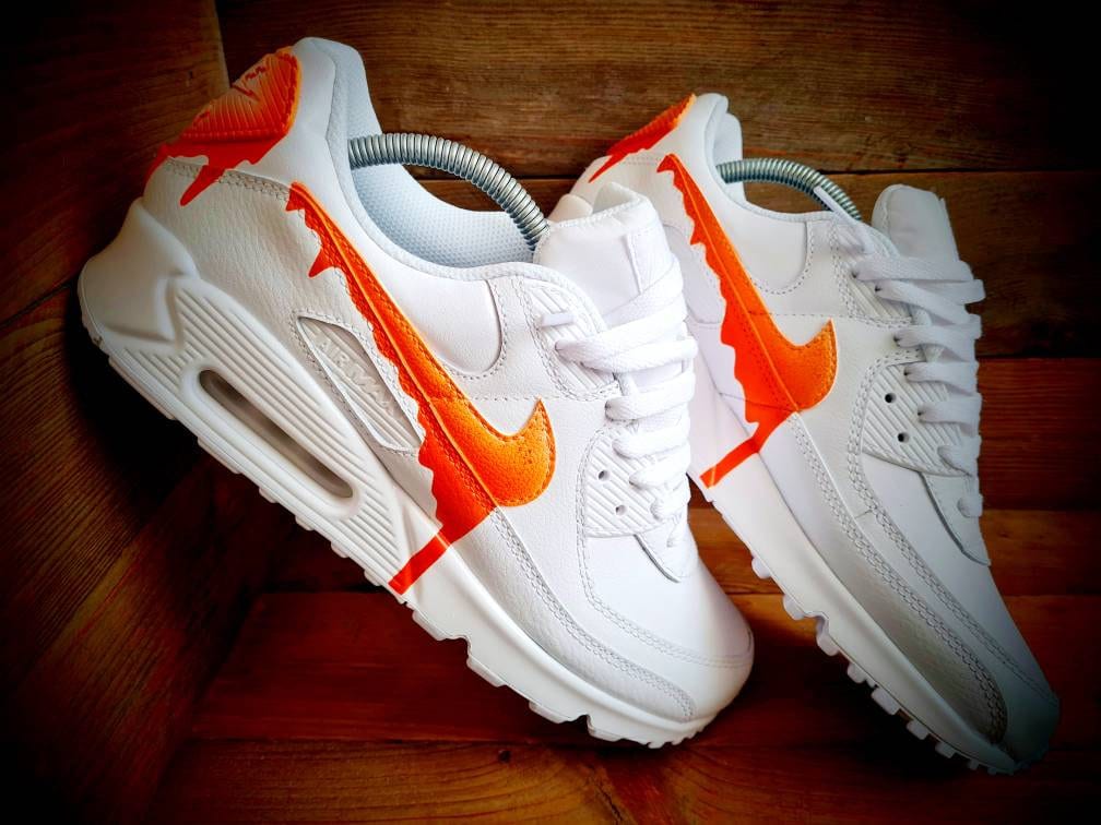 Custom Painted Air Max 90 - Speckled Drip Orange White Trainers