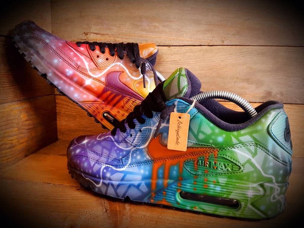 Custom Painted Air Max 90 - Green Blue Black Graffiti Trainers