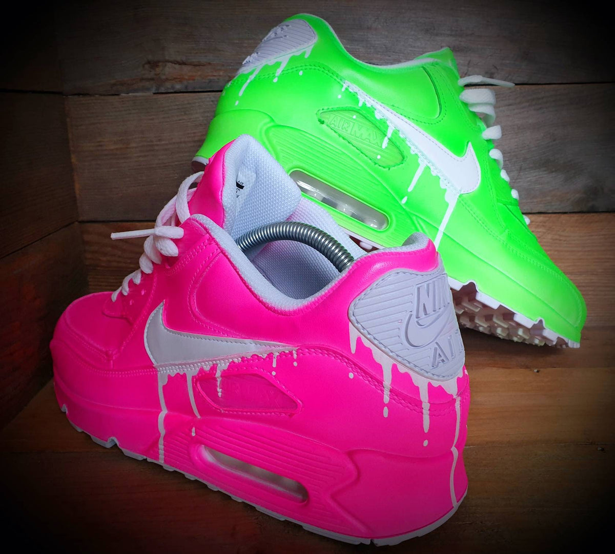 Custom Painted Air Max 90 - Neon Green Pink White Drip Trainers