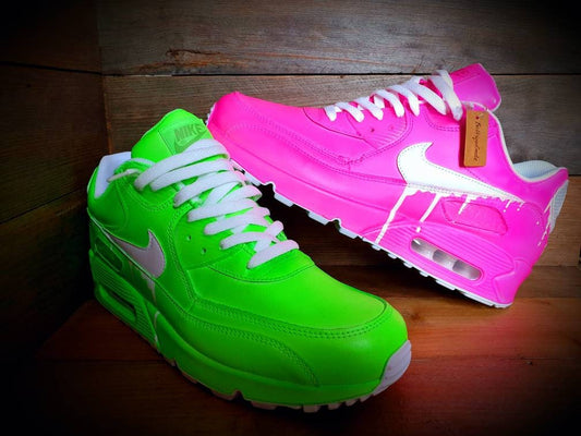 Custom Painted Air Max 90 - Neon Green Pink White Drip Trainers