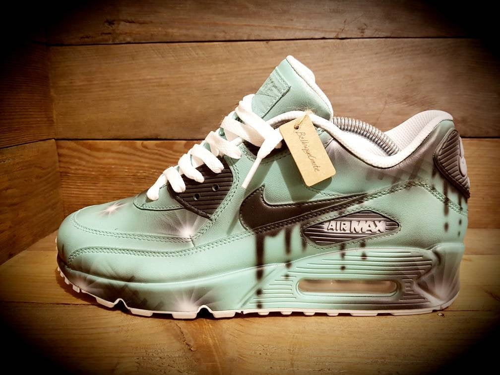 Custom Painted Air Max 90 - Aqua Black Drip Graffiti Trainers