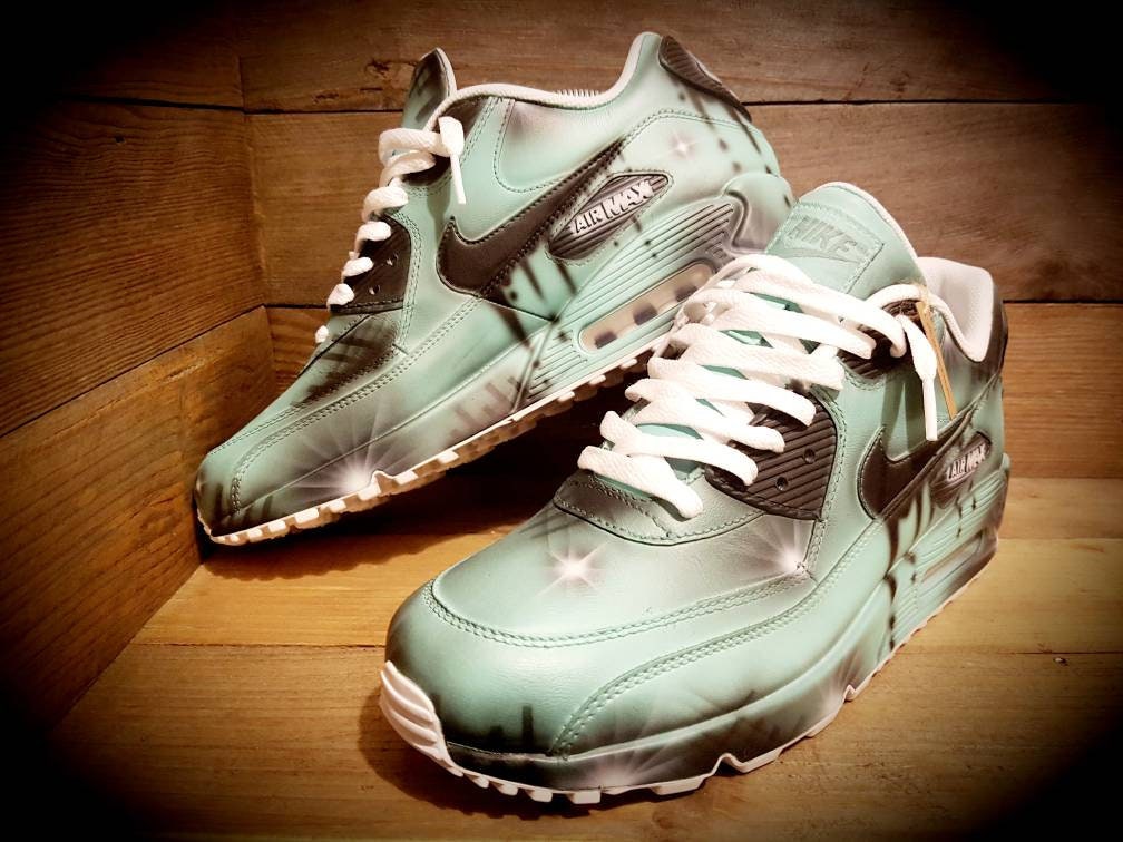 Custom Painted Air Max 90 - Aqua Black Drip Graffiti Trainers