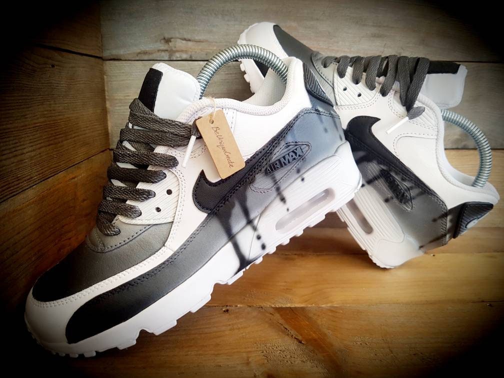 Custom Painted Air Max 90 - Black White Drip Fade Trainers