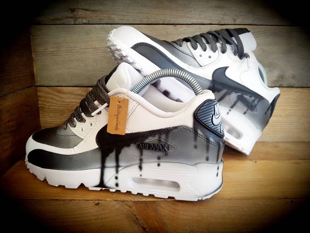 Custom Painted Air Max 90 - Black White Drip Fade Trainers