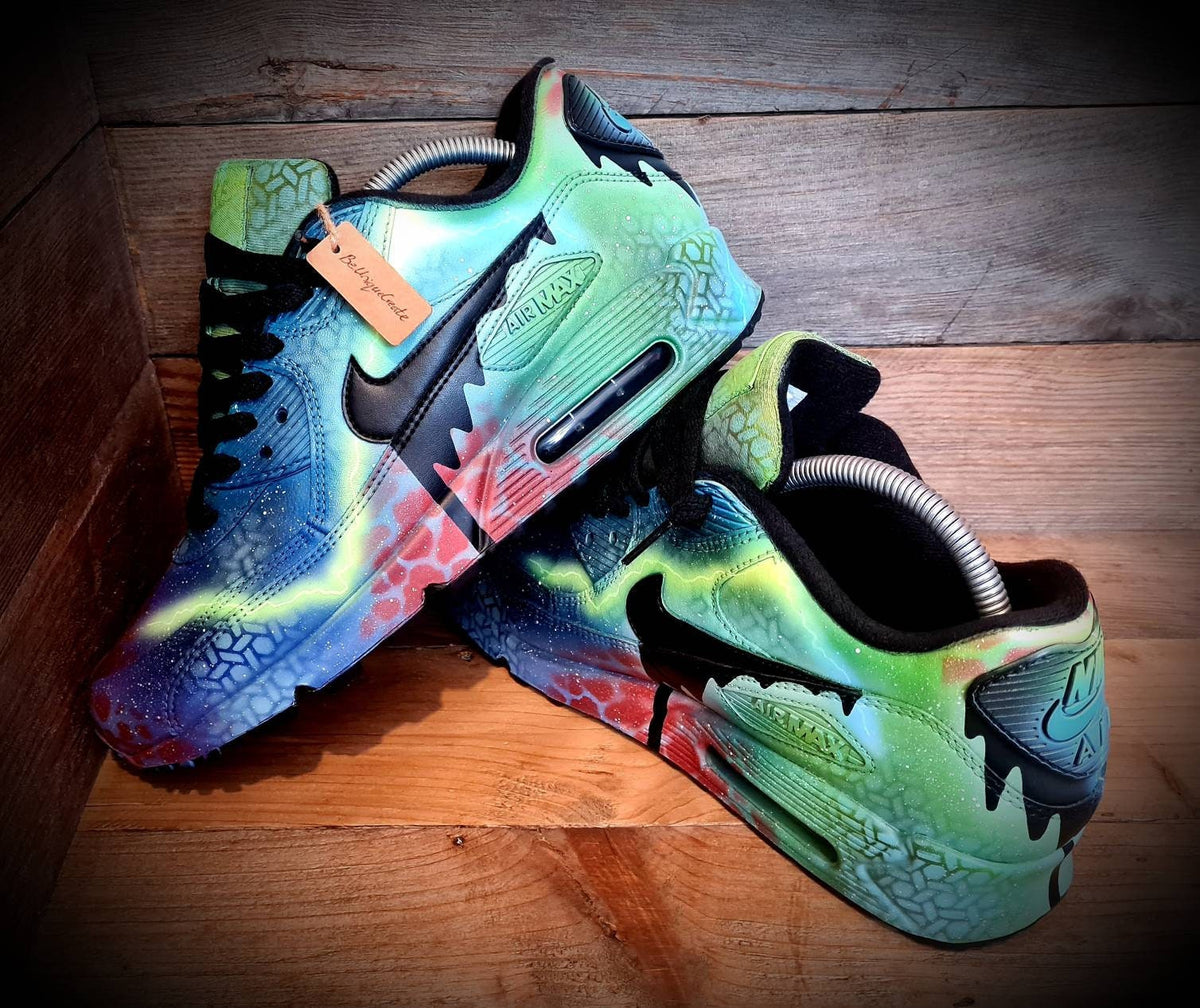 Custom Painted Air Max 90 - Blue Green Graffiti Drip Trainers
