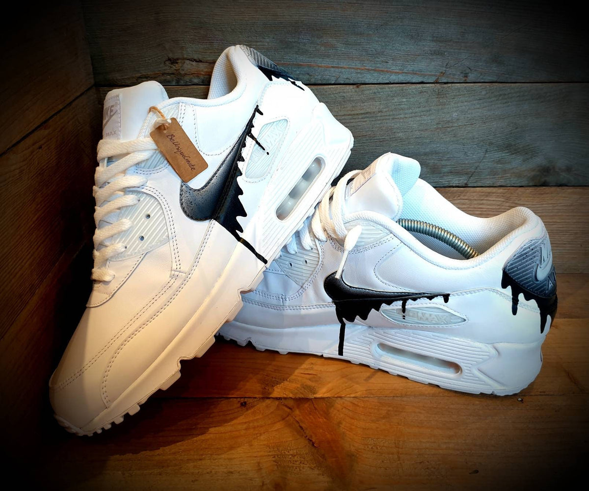 Custom Painted Air Max 90 - Speckled Drip Black White Trainers