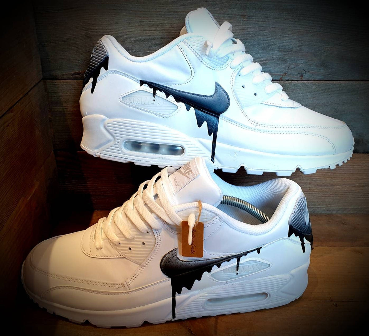 Custom Painted Air Max 90 - Speckled Drip Black White Trainers