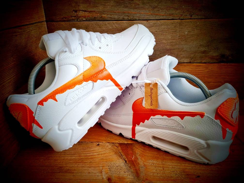 Custom Painted Air Max 90 - Speckled Drip Orange White Trainers