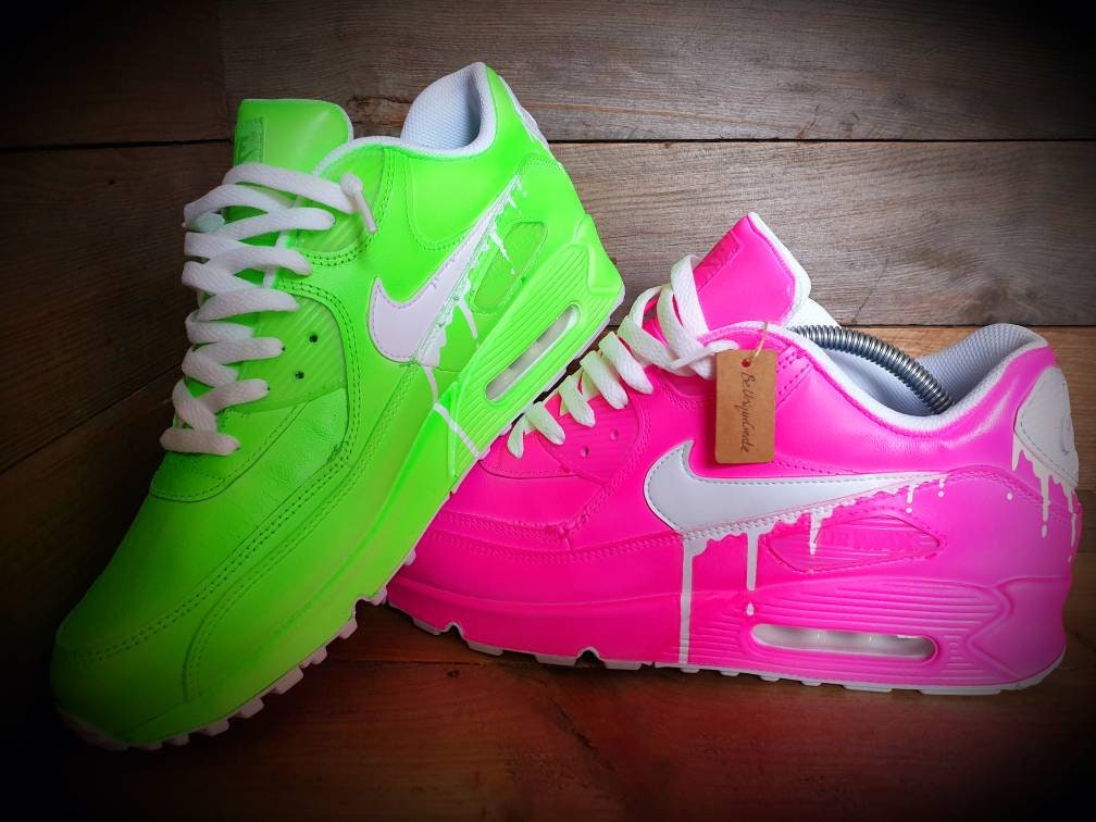 Custom Painted Air Max 90 - Neon Green Pink White Drip Trainers