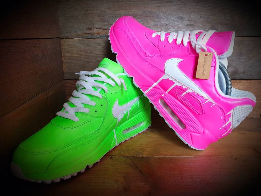 Custom Painted Air Max 90 - Neon Green Pink White Drip Trainers