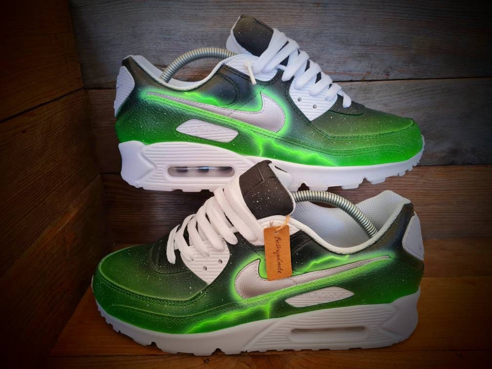 Custom Painted Air Max 90 - Neon Green Lightning Trainers