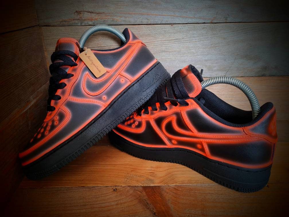 Custom Painted Air Force 1 - Neon Orange Black Cartoon Trainers
