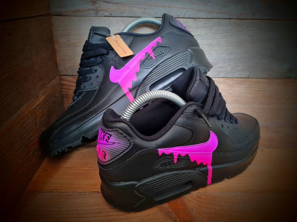 Custom Painted Air Max 90 - Black Neon Purple Drip Trainers