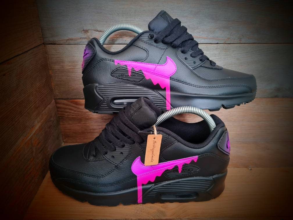 Custom Painted Air Max 90 - Black Neon Purple Drip Trainers