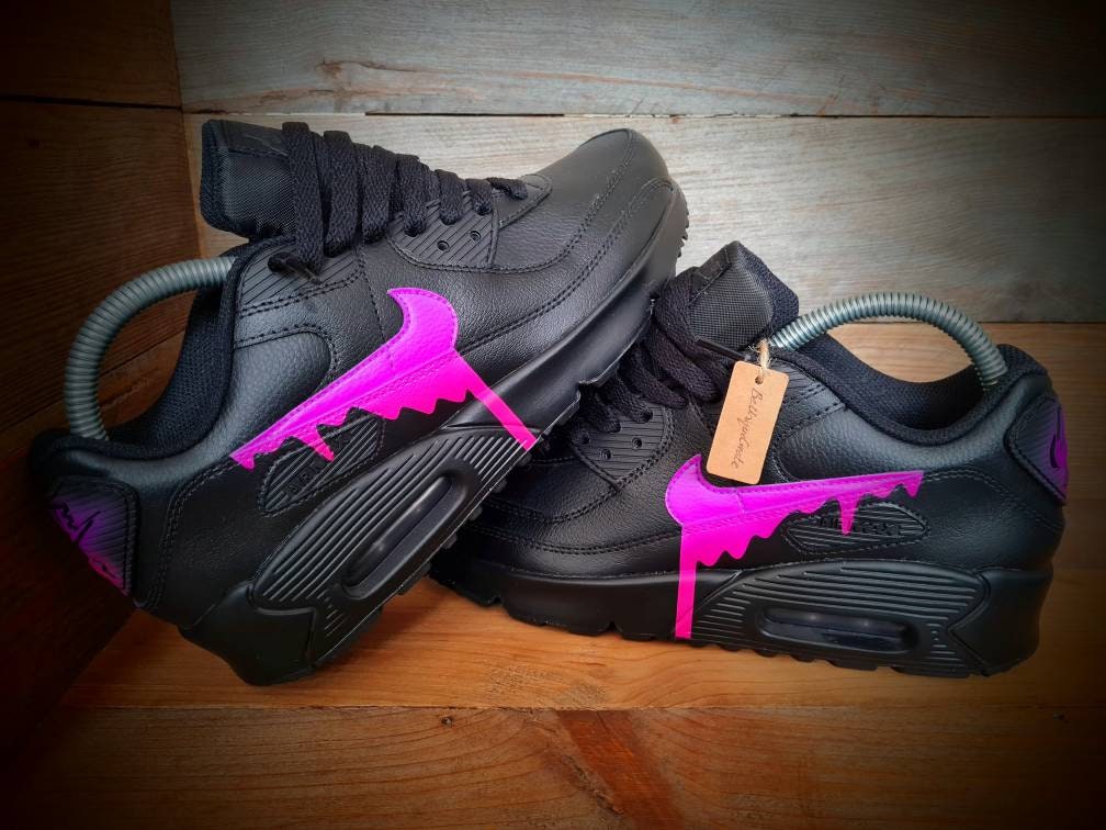 Custom Painted Air Max 90 - Black Neon Purple Drip Trainers
