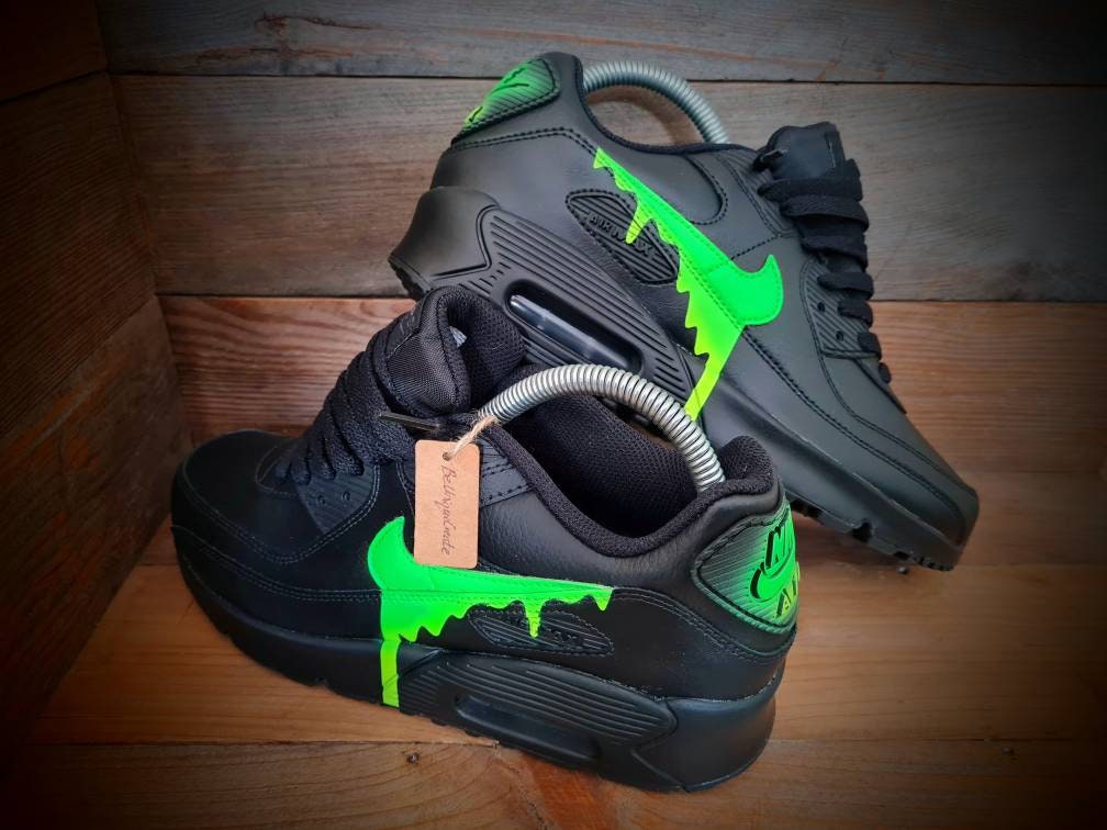 Custom Painted Air Max 90 - Black Neon Green Drip Trainers