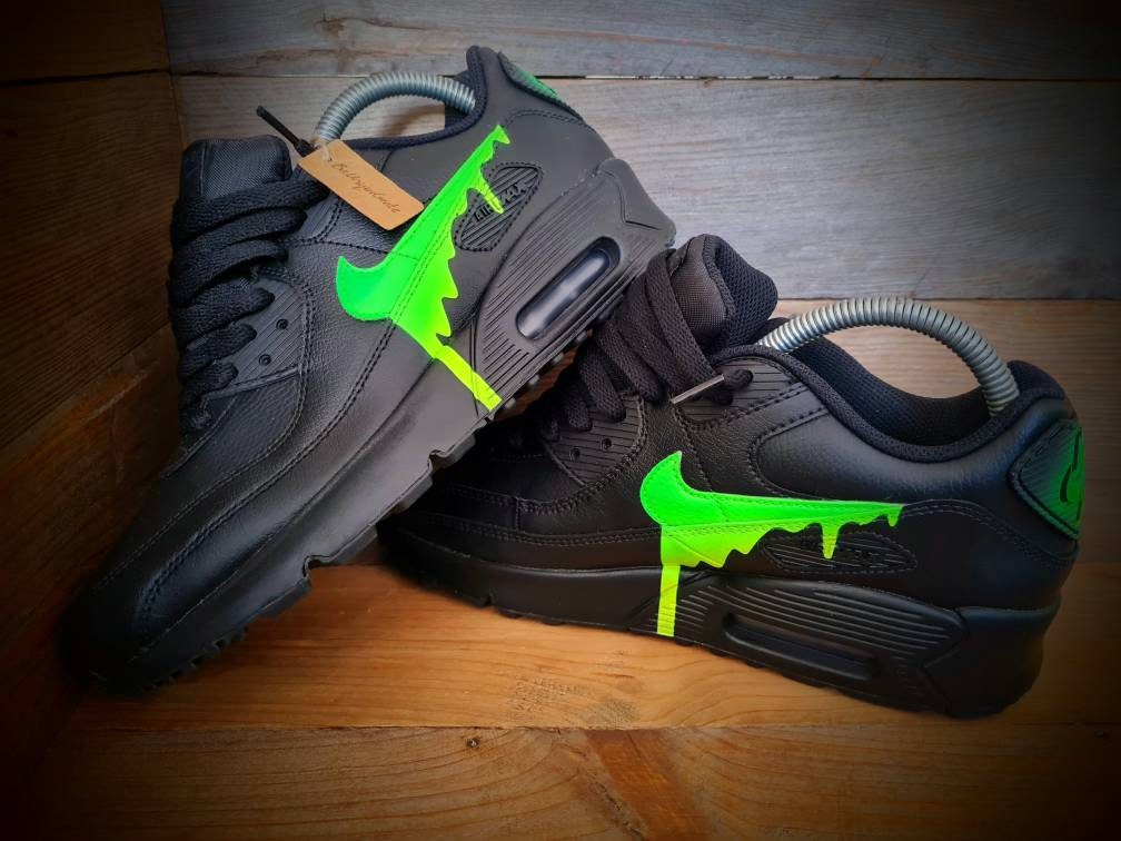 Custom Painted Air Max 90 - Black Neon Green Drip Trainers