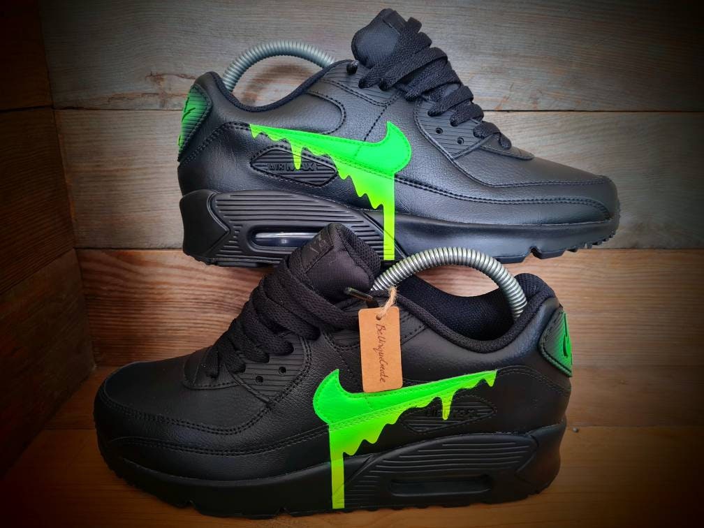 Custom Painted Air Max 90 - Black Neon Green Drip Trainers