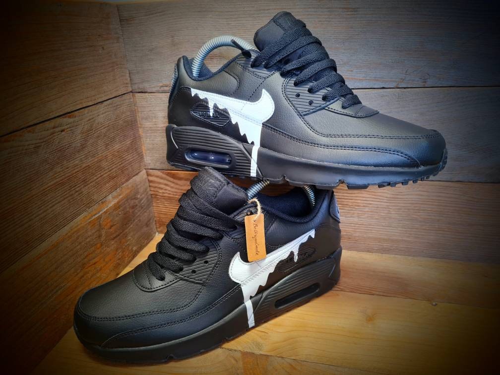 Custom Painted Air Max 90 - Black White Drip Trainers