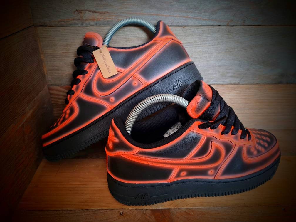 Custom Painted Air Force 1 - Neon Orange Black Cartoon Trainers