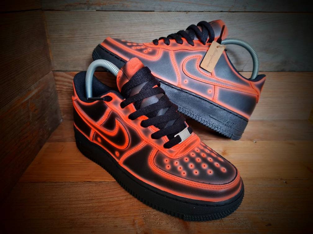 Custom Painted Air Force 1 - Neon Orange Black Cartoon Trainers